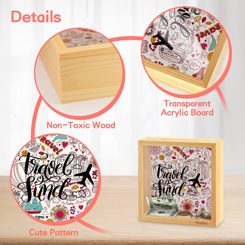 HuaArt Piggy Bank for Kids. Wooden Money Coin Bank for Boys and Girlsï¼ŒCoin Bank Money Bankï¼ŒNatural Wood Money Boxï¼ŒTravel Fund Printed on The Plexiglass Front. - Image 3